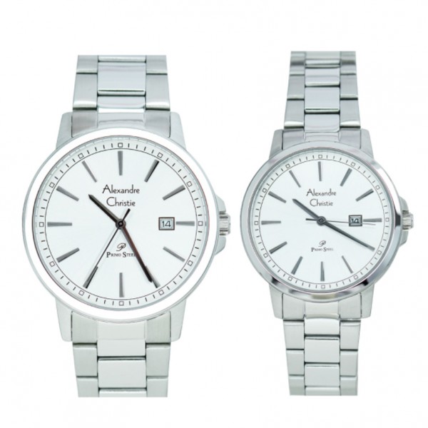 Alexandre Christie AC 1014 Silver White Black Steel Couple